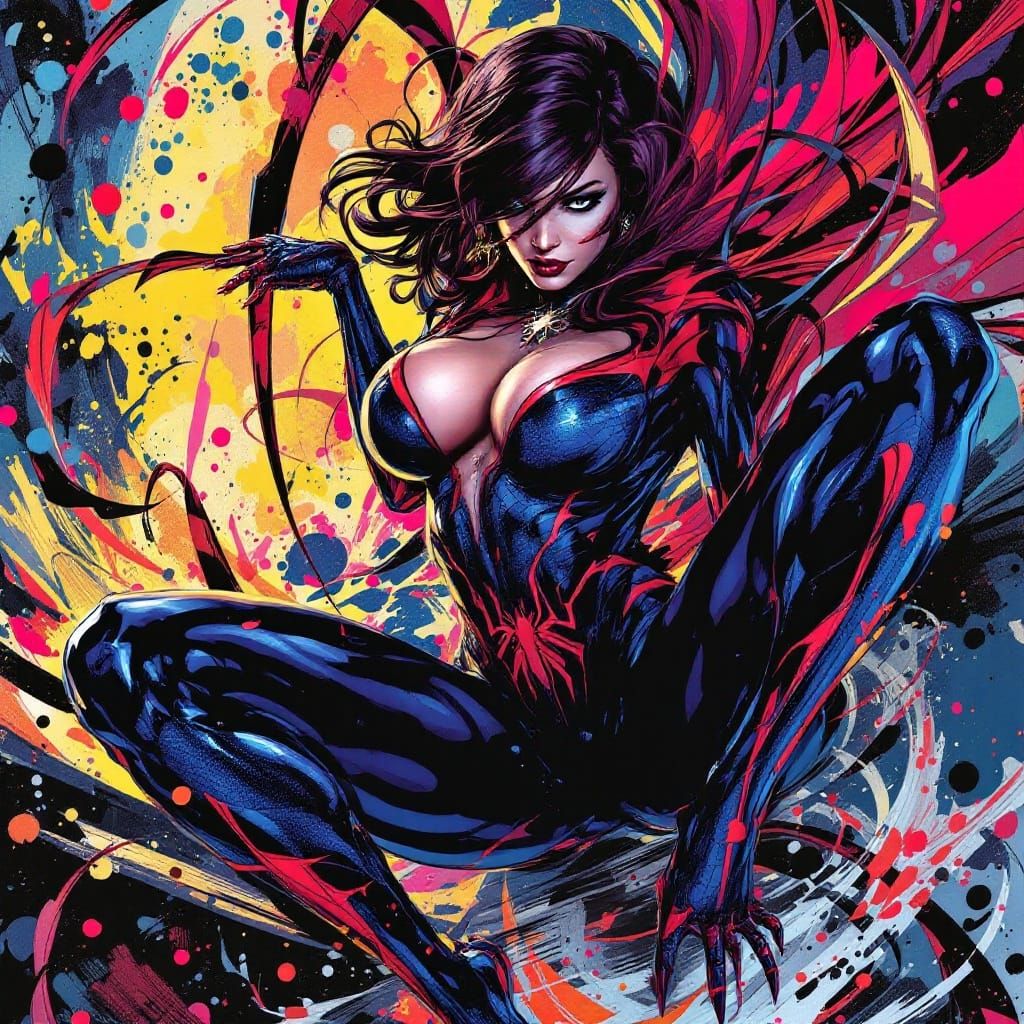Heroic Voluptuous Spider Woman in Hyperrealistic Style
