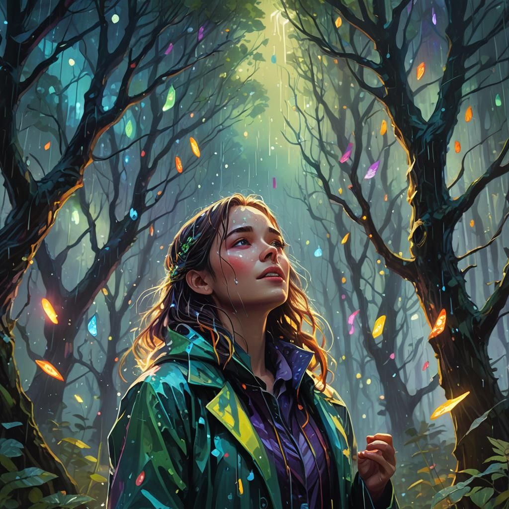 Mythical Singer in Rain-Soaked Forest: Fantasy Concept Art