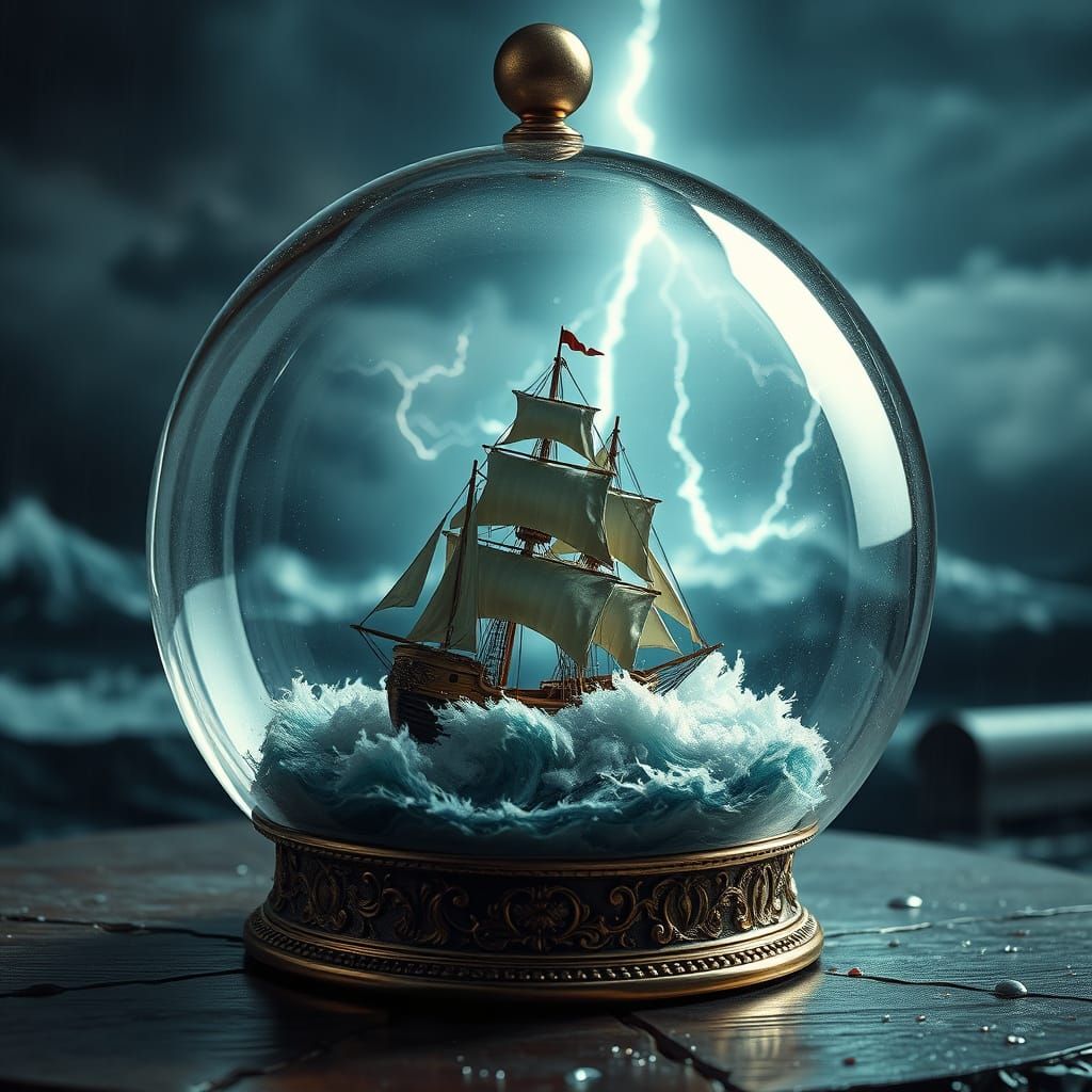 Turbulent Stormy Sea Inside Ornate Snow Globe