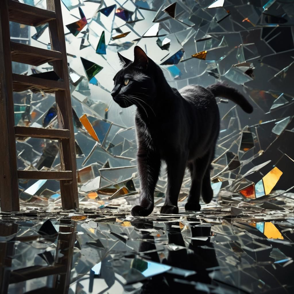 Hyperrealistic Black Cat Under Ladder in Shattered Mirror