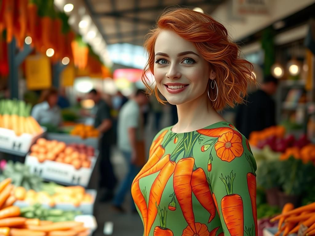 Redhead Model in Carrot Dress at Farmer's Market