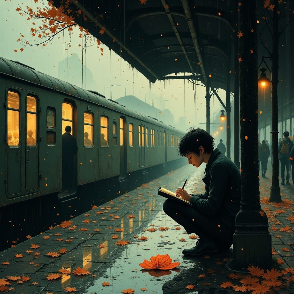Quiet thoughts in the golden rain before the train