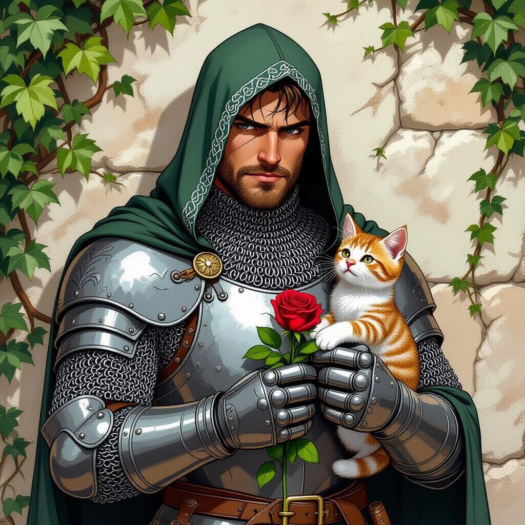 Anime Knight with Kitten and Rose