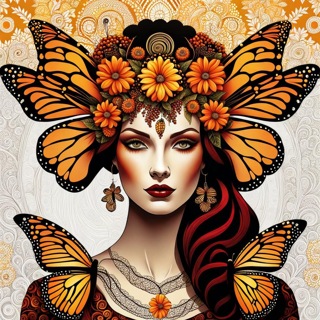 mixed media painting fall goddess with monarch butterfly wings at Dia De Los Muertos , Halloween, zentangle, beautif...