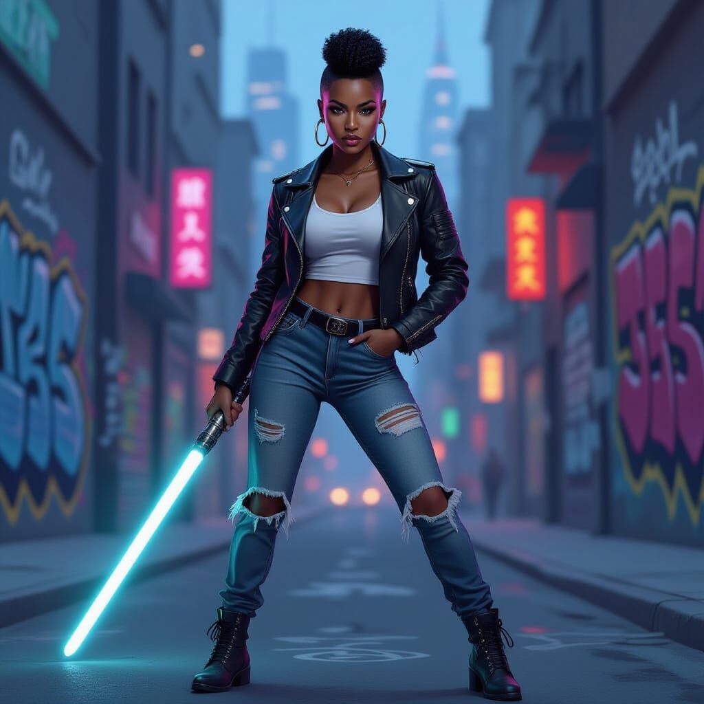 Ebony Jedi Woman in Street Style with Lightsaber