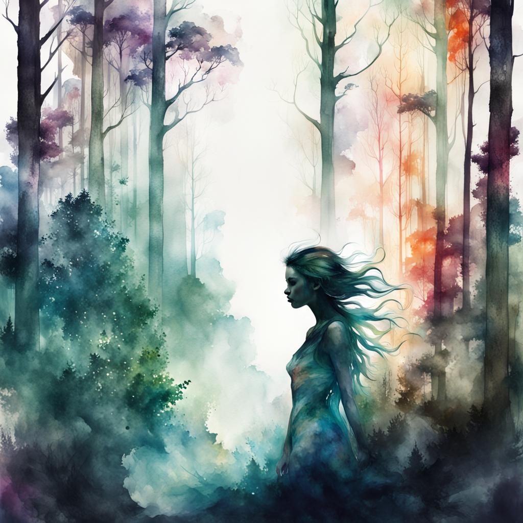 Fantasycore Forest Silhouette Double Exposure Watercolour Po...