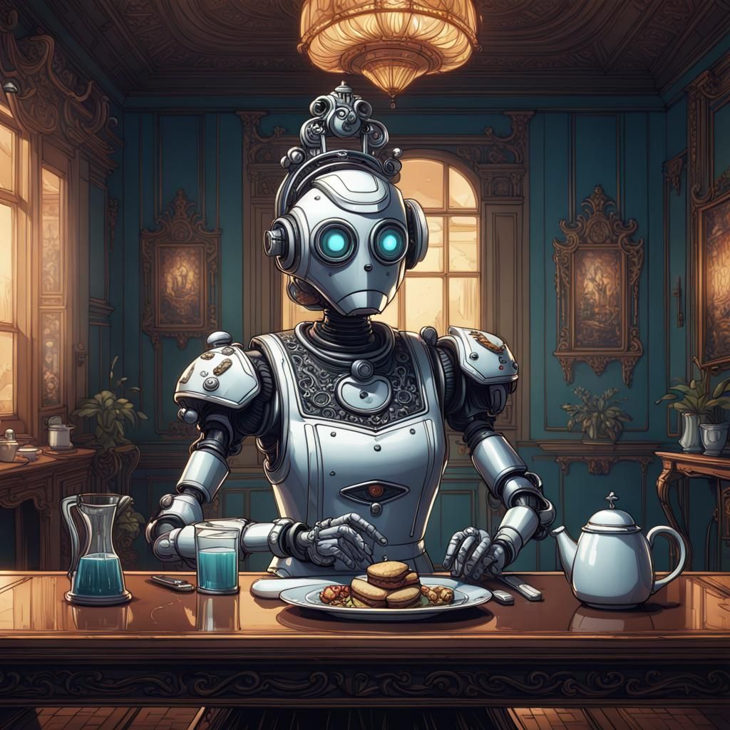 French Maid Robot Butler in Liquid Art Style