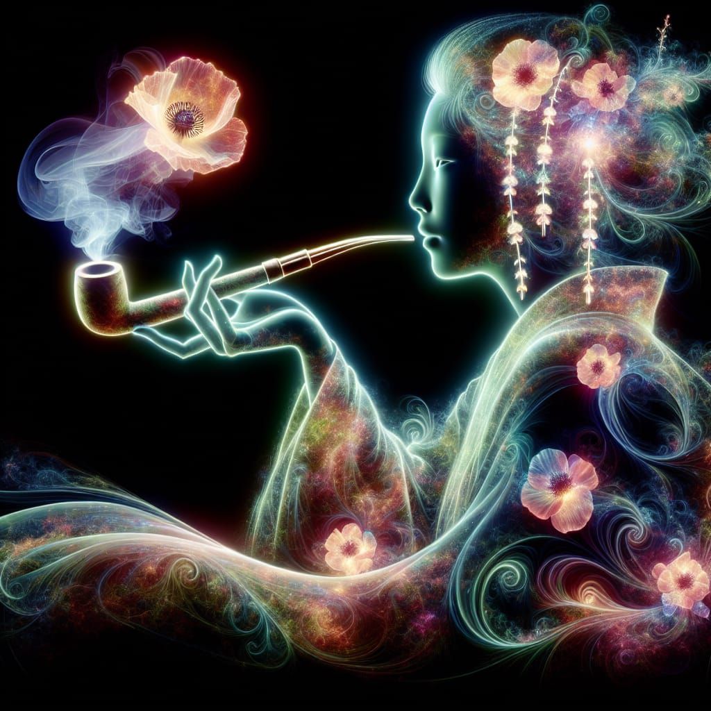 Ethereal Geisha Smoking Poppies and Sakura