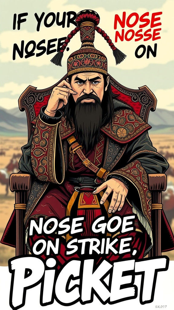 Illustration of Genghis Khan picks his nose in bold text " If your nose goes on strike, Picket"