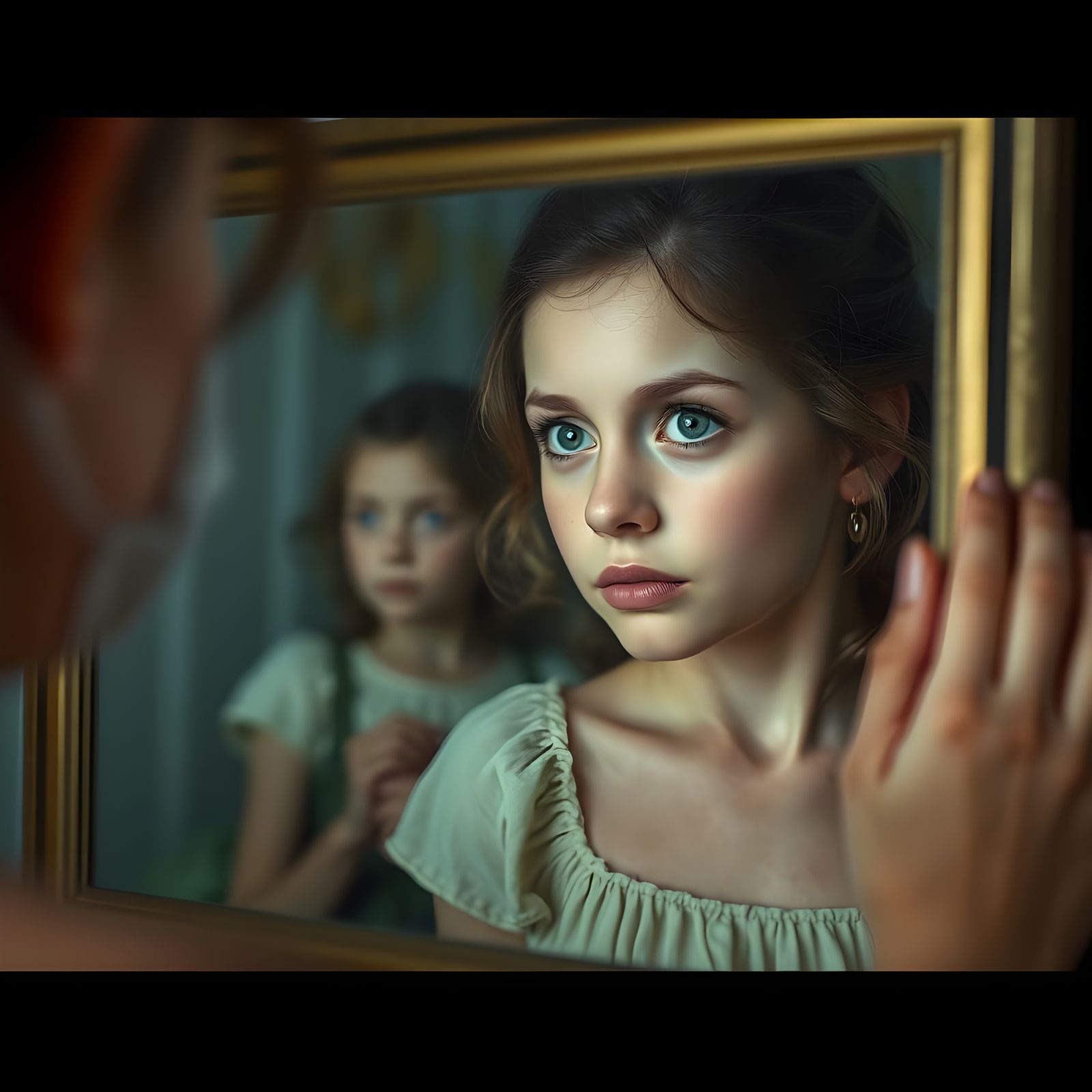 A Portrait of a Woman with a Reflection of Her Innocent Chil...