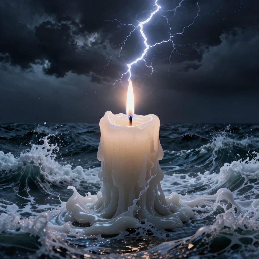 Candle Embodies Stormy Sea with Lightning Wick