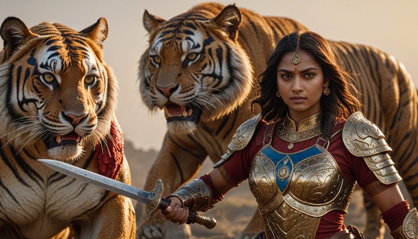 Epic Fantasy Warrior with Bengal Tiger in Cinematic Rajput-S...