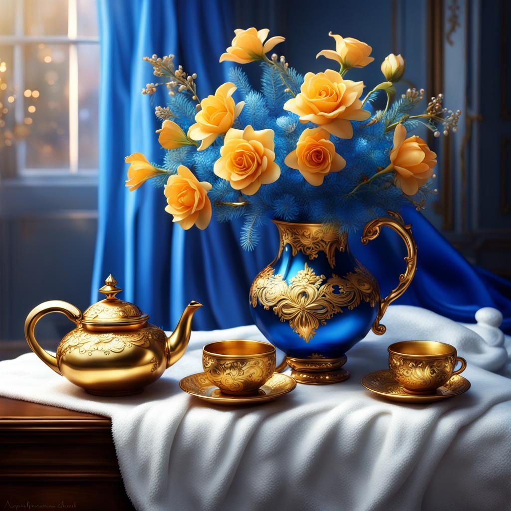 Ornate Christmas Flowers in Blue and Gold Vase