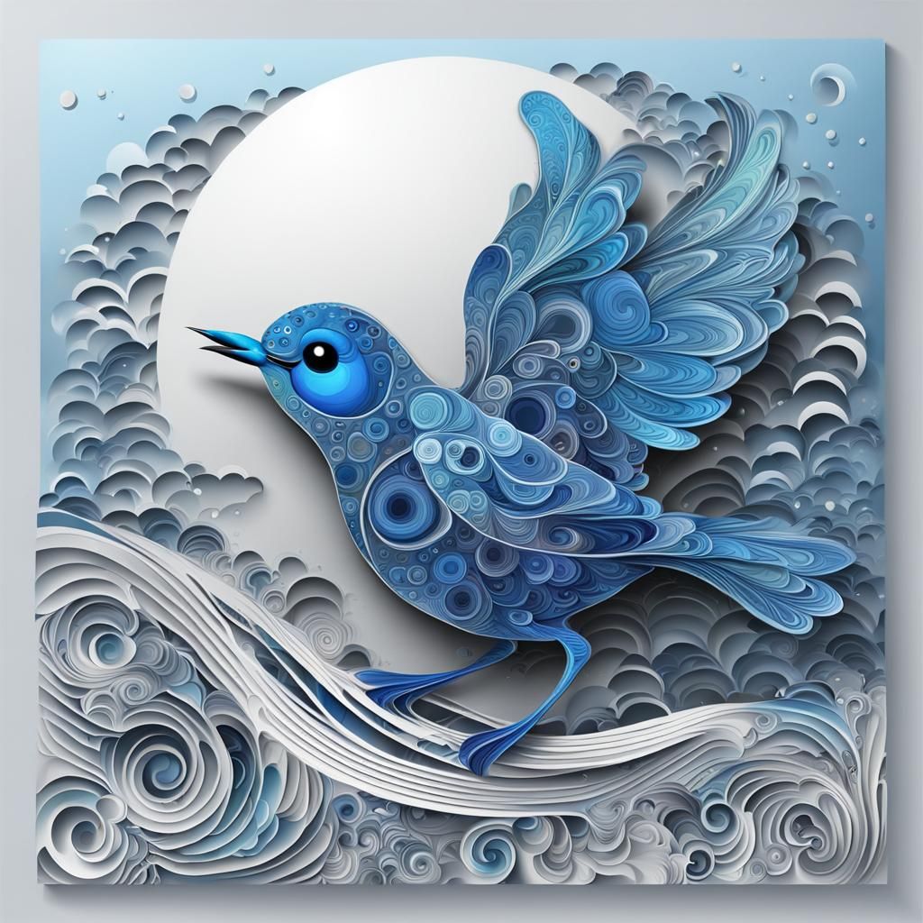 Blue Bird Lands on Moon in Abstract Vector Art
