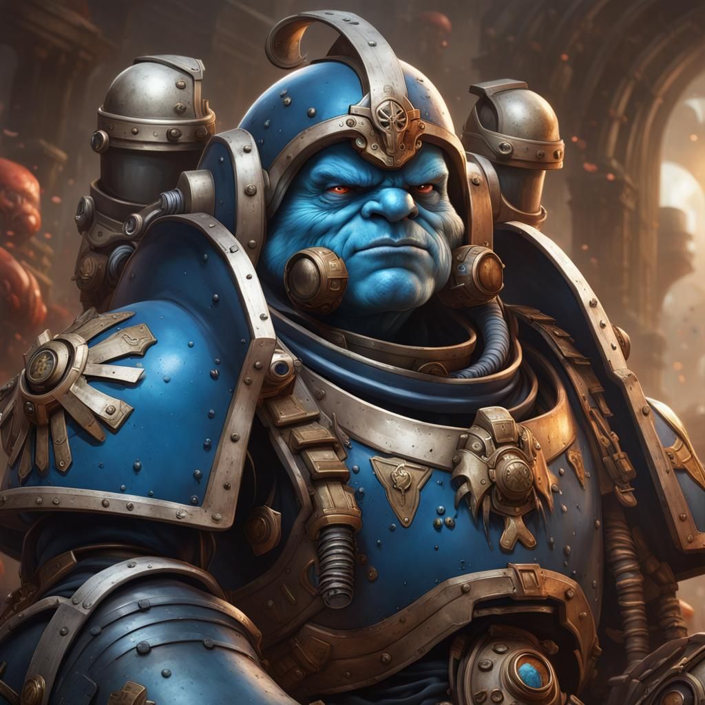 Smurf Space Marine Portrait in Warhammer 40k Style
