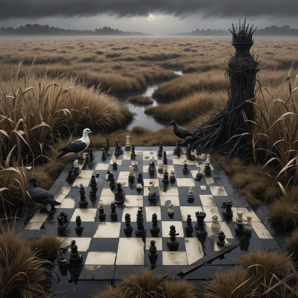 Chessboard Floating Over Misty Moor Landscape