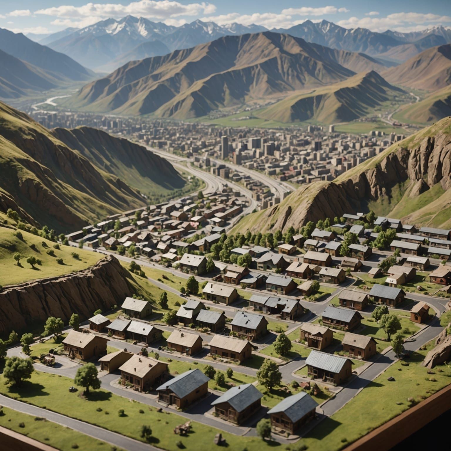 Diorama of Valley Community and Mountain Range