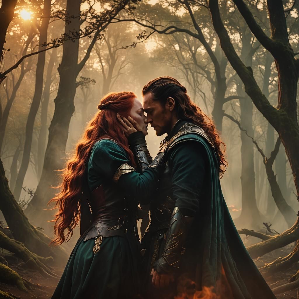 Loki Embraces Fiery Redhead in Mystical Forest