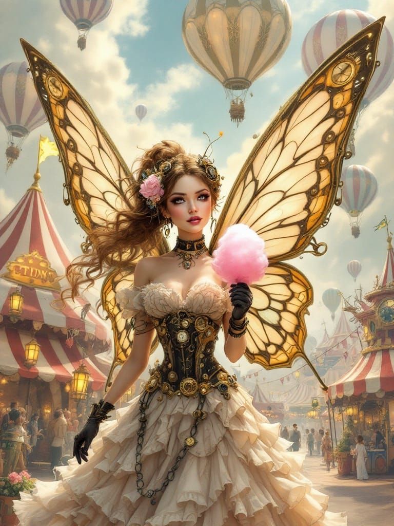 Steampunk Fairy in Whimsical Carnival Scene