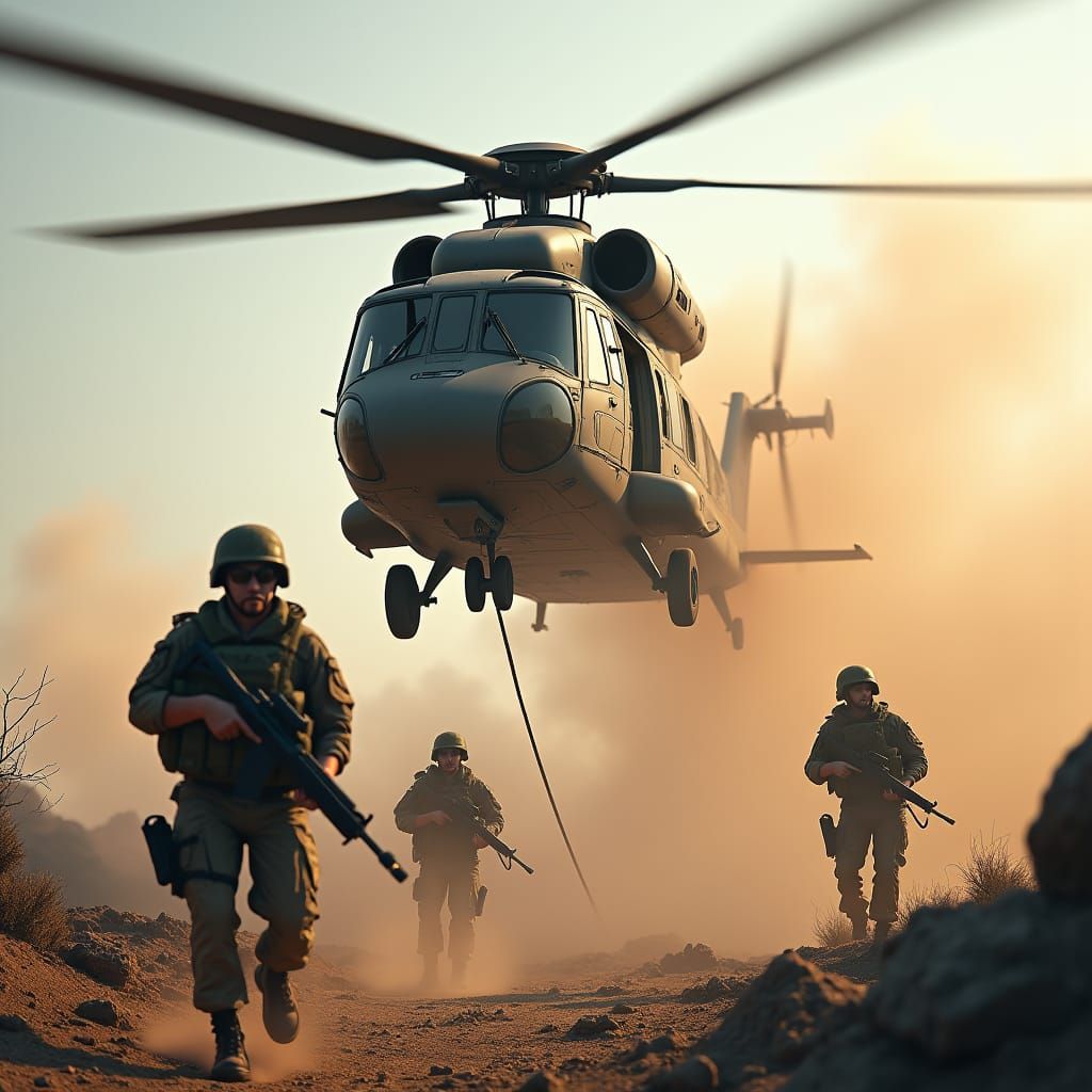 German NH90 Helicopter Abseiling Tactical Soldiers in War Zo...