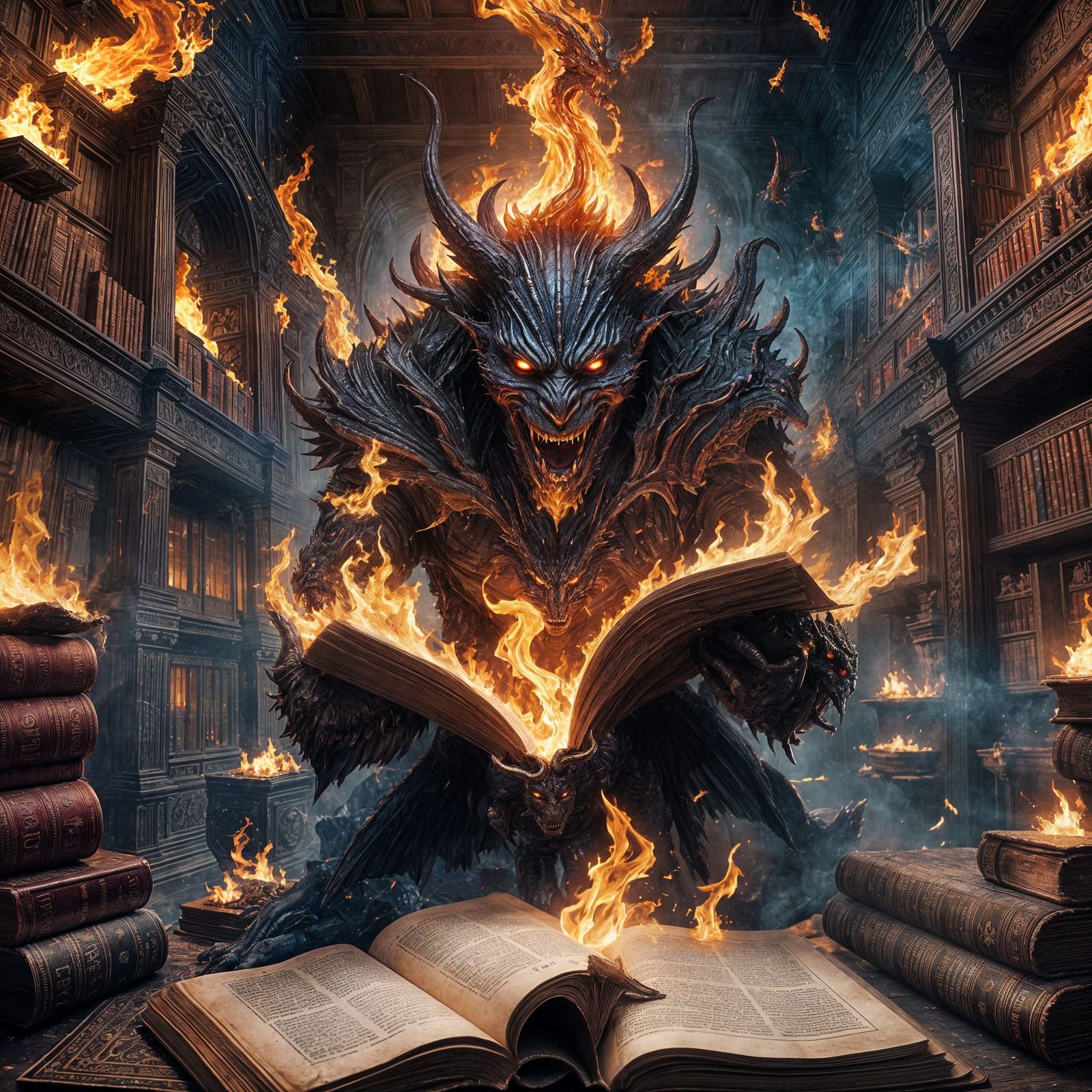 Demonic Books Ablaze with Spirits