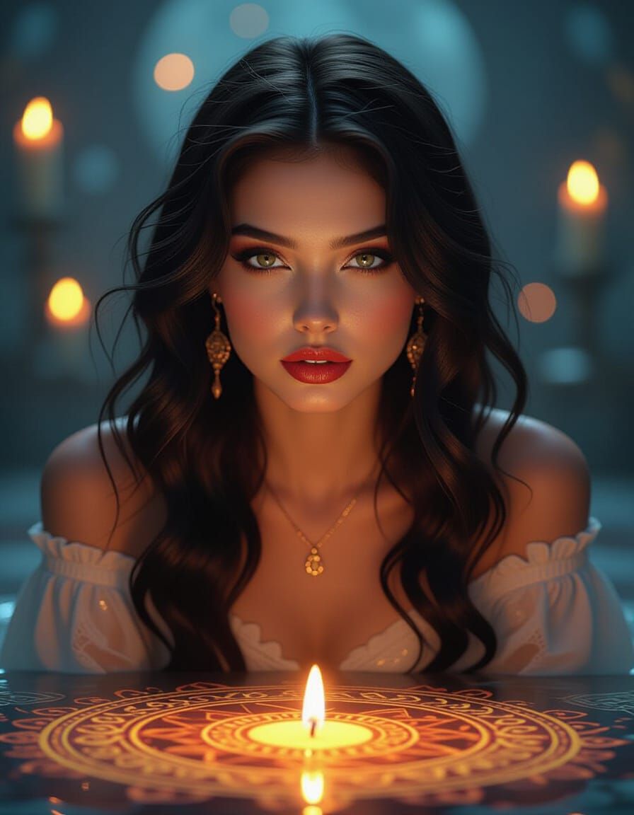 Russian Woman with Wavy Hair in Dramatic Candlelight