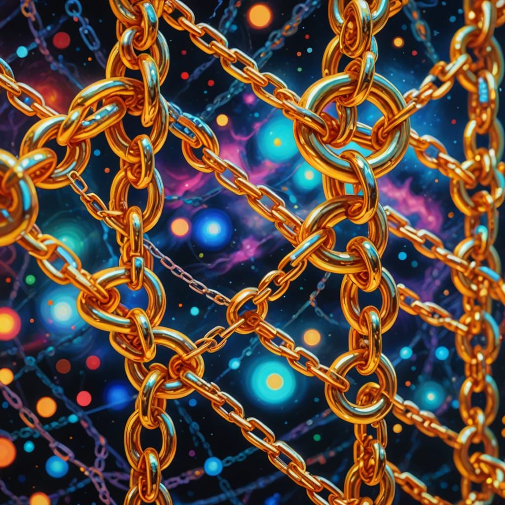 Cosmic Chains: Surreal Oil Painting in Space
