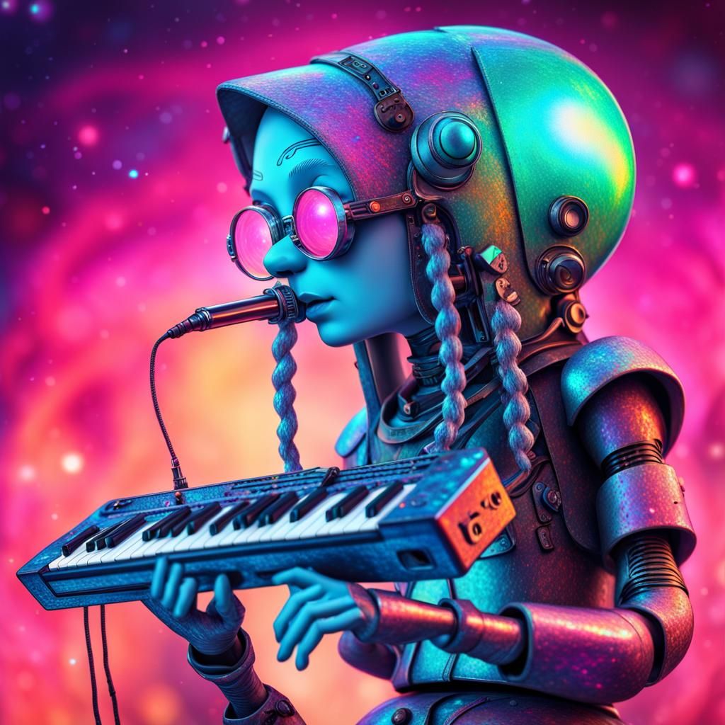 Robotic Gnome Keytar Player in Astral Illustration