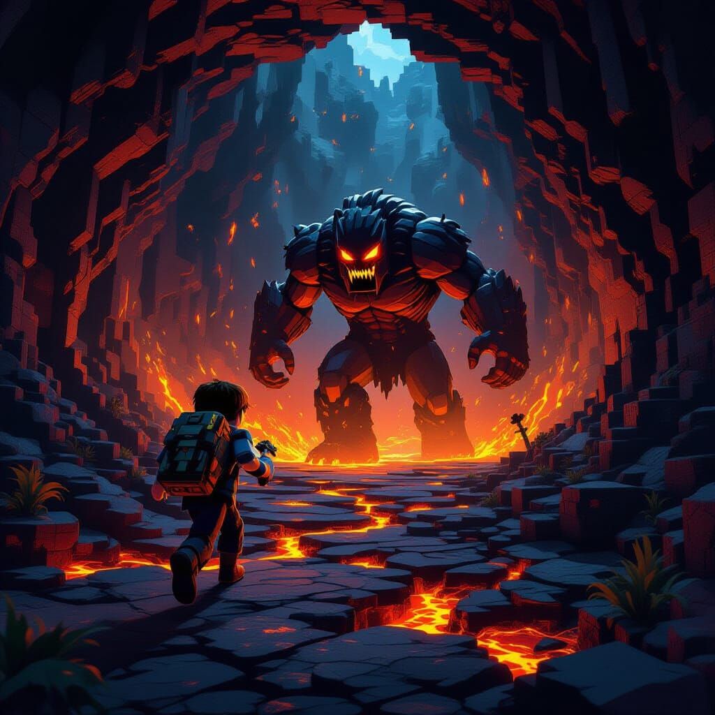 Minecraft Character Flees Lava Cavern Monster in Matte Paint...