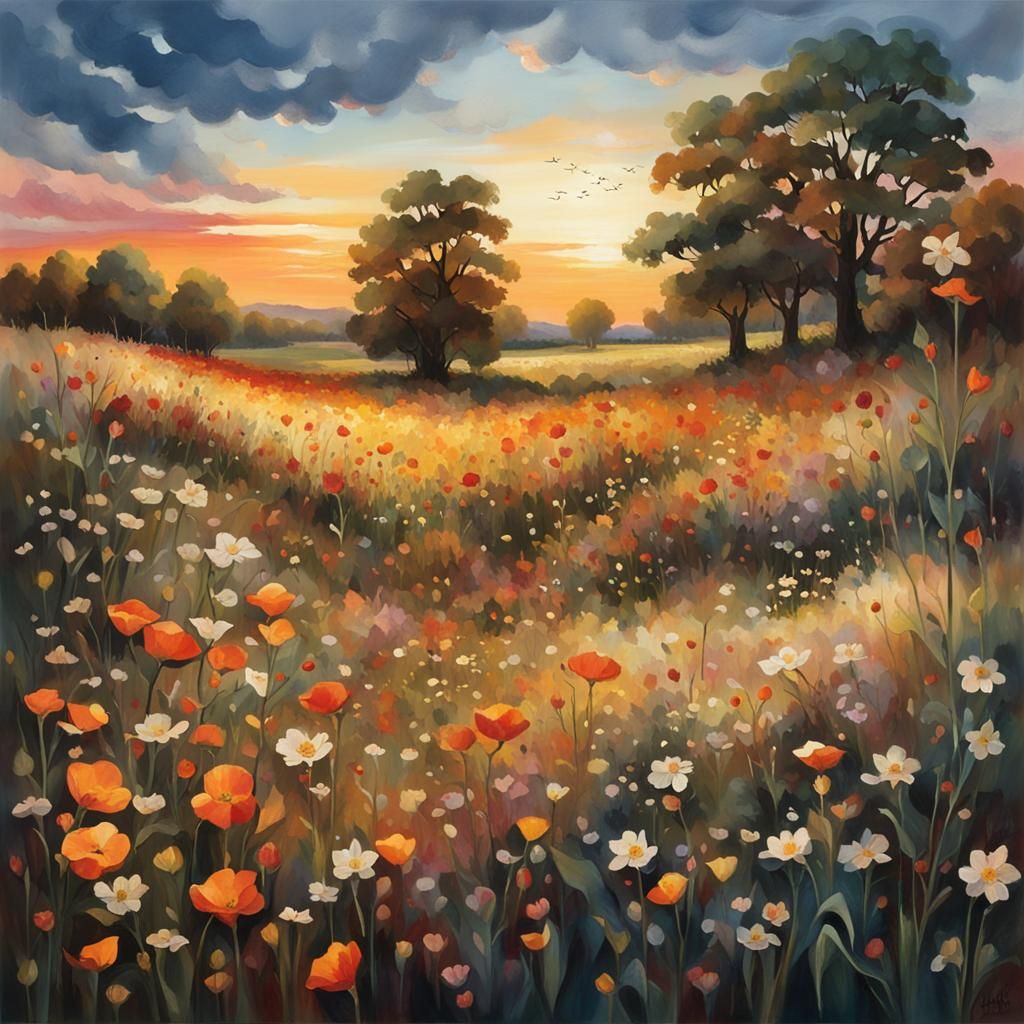 Sunset Meadow: A Symphony of Amber and Orange