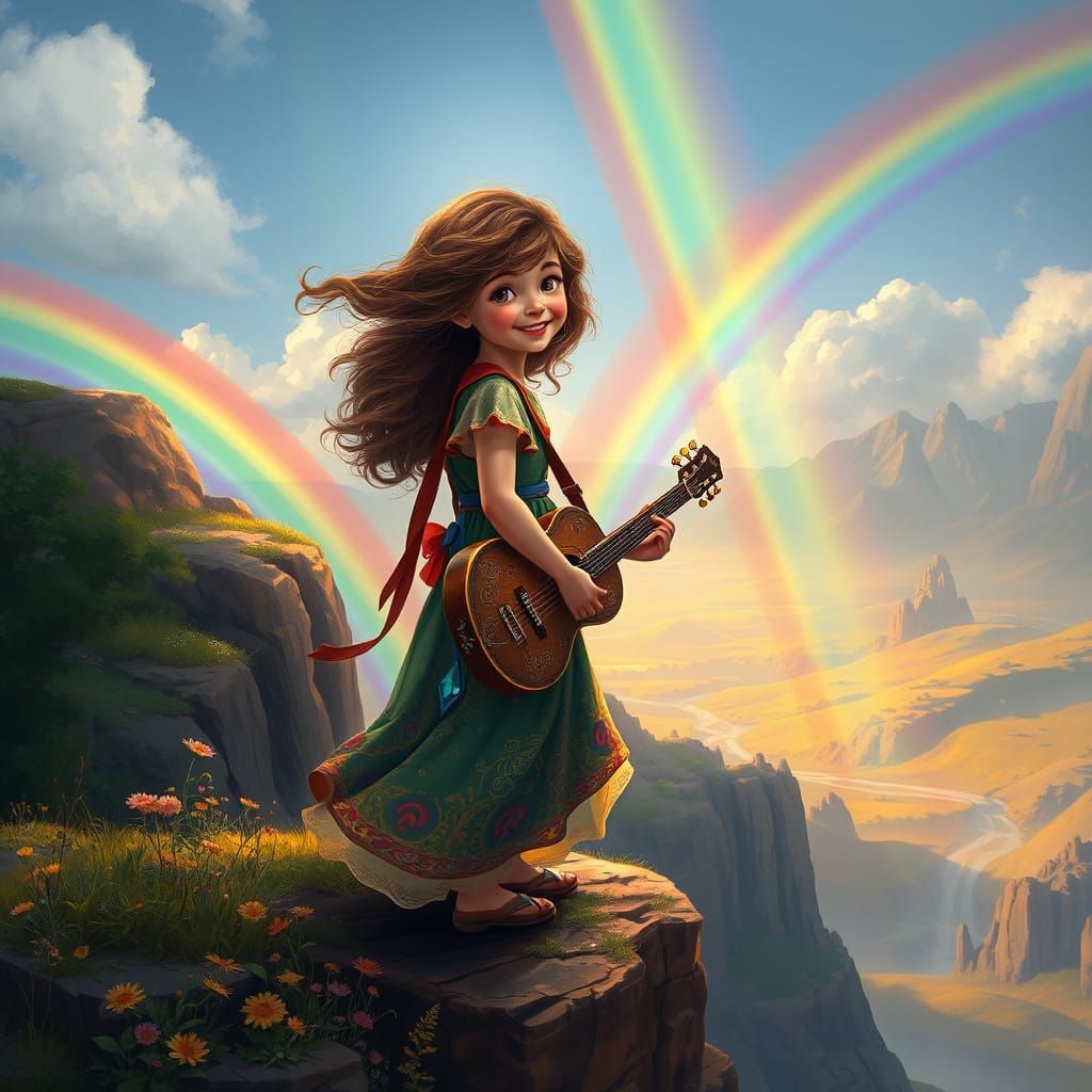 Girl in Whimsical Fantasy Landscape with Guitar