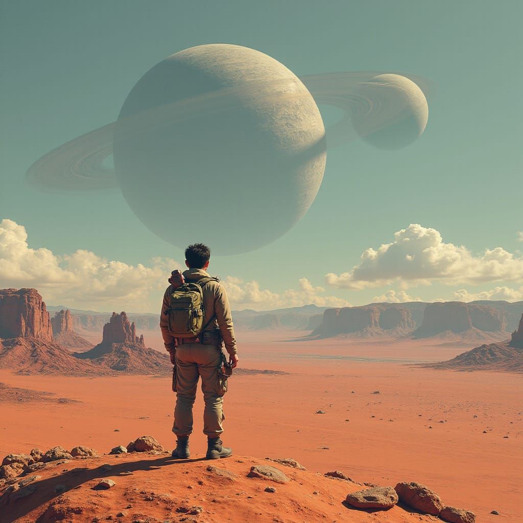 Traveler Gazes at Ringed Planet in Alien Desert