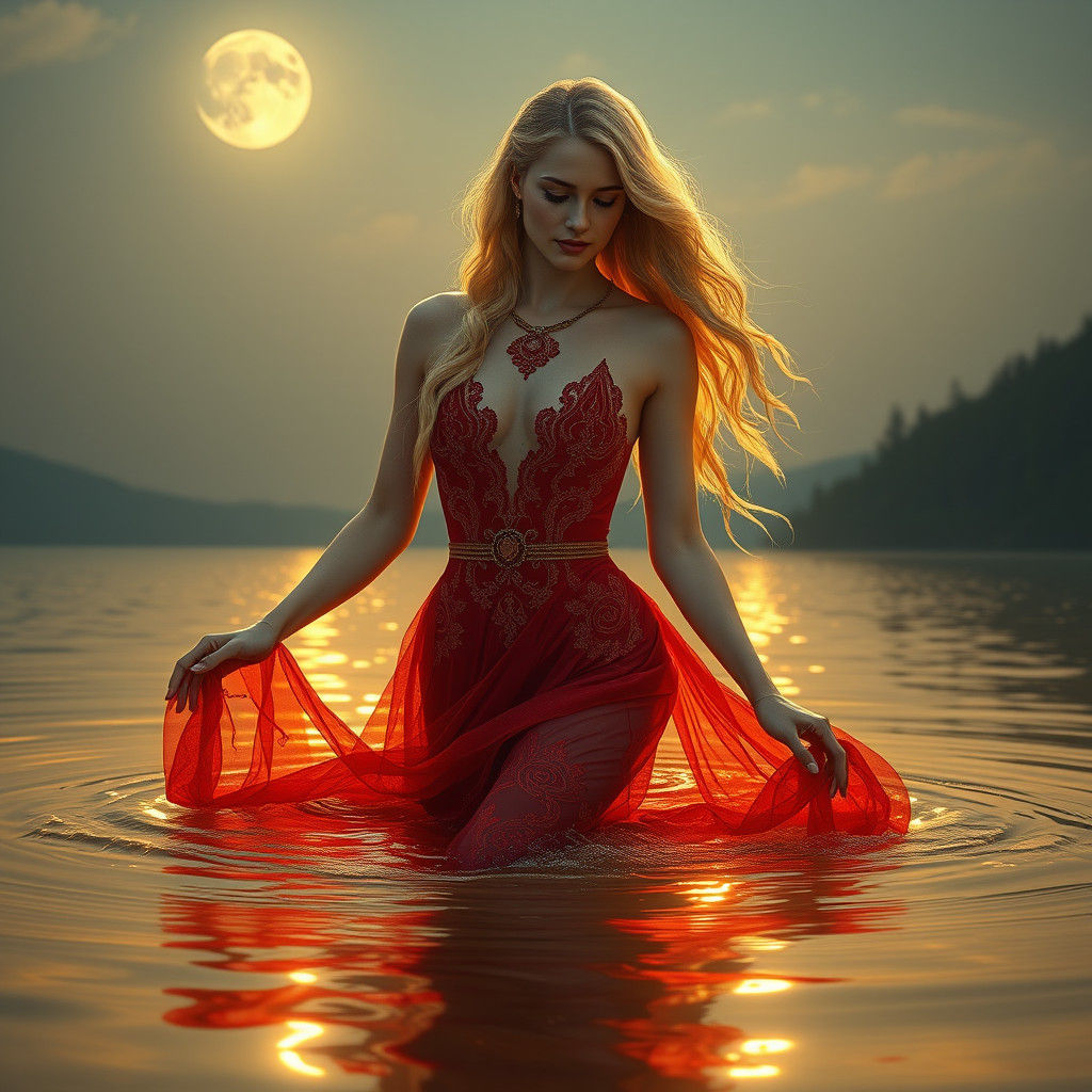 Beautiful Woman Emerges from Golden Lake