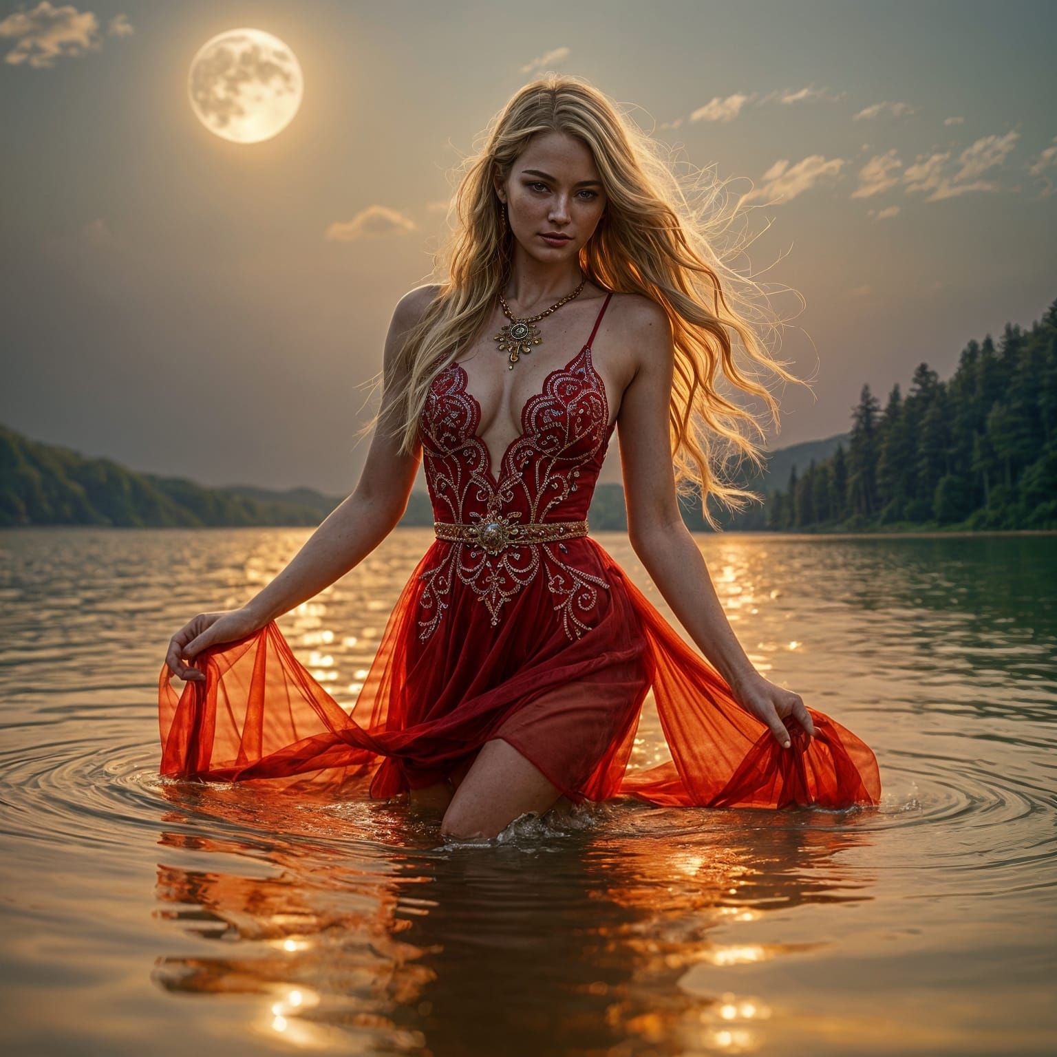 Hyperrealistic Woman Emerges from Golden Lake