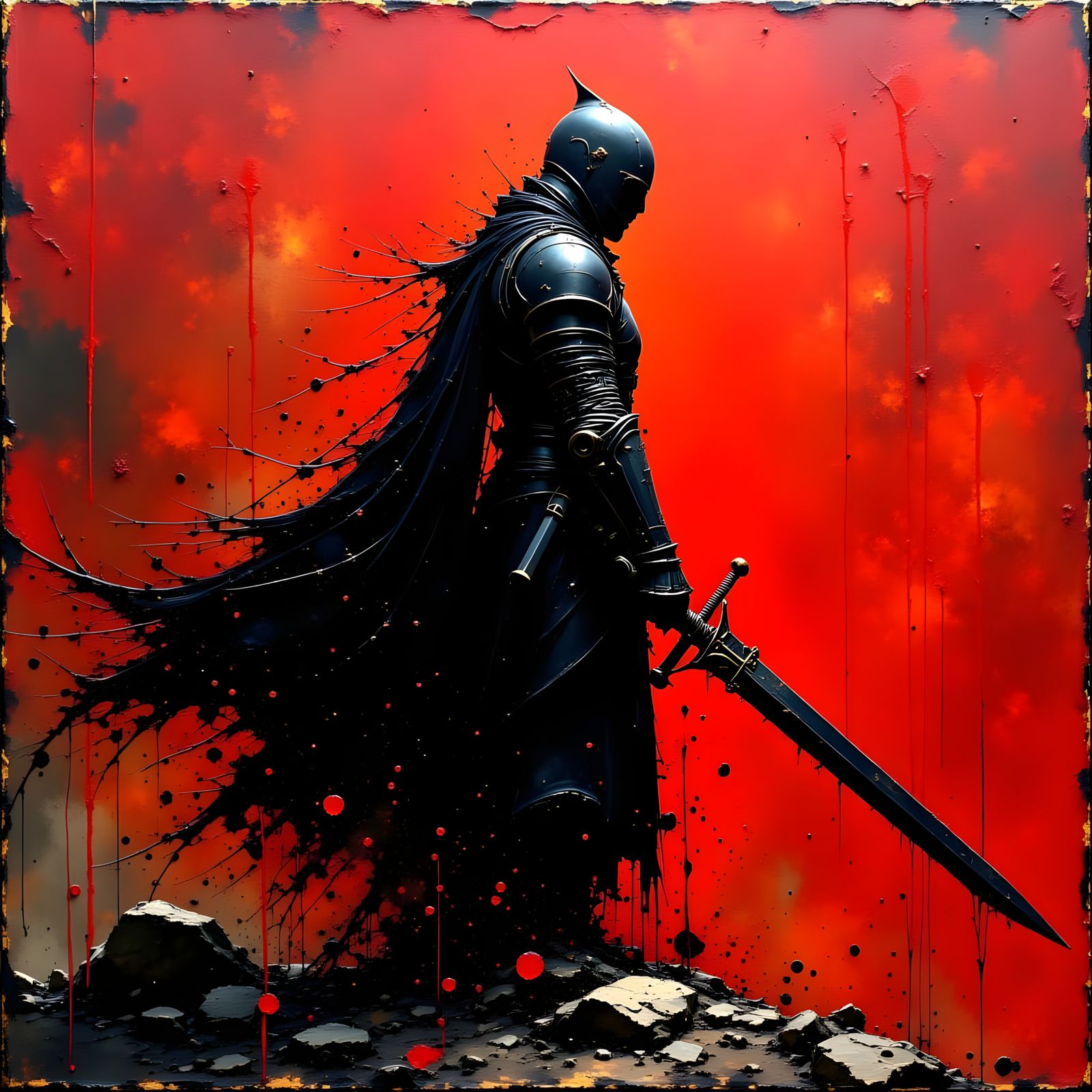 Dark Knight in Crimson Landscape as Impasto Painting