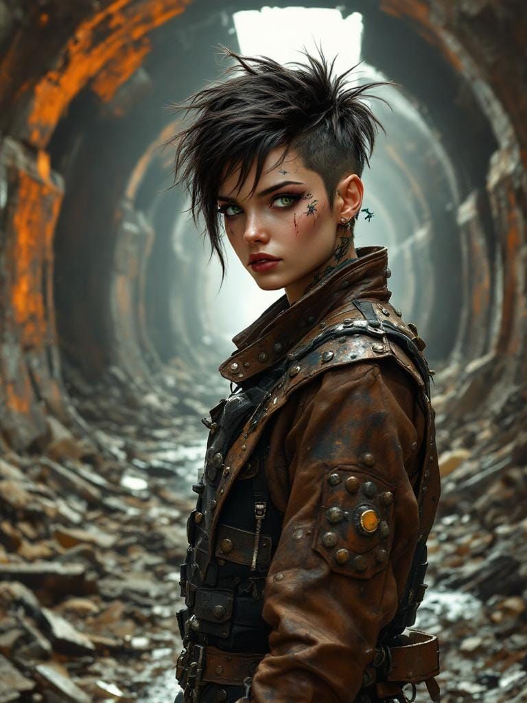 Post-Apocalyptic Punk Woman in Grim Wasteland