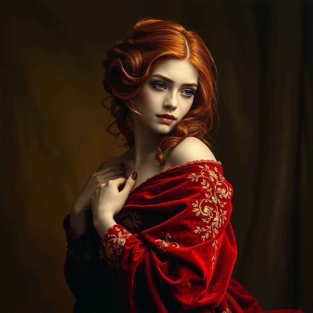 Red-Haired Girl in Red Gown with Volumetric Lighting