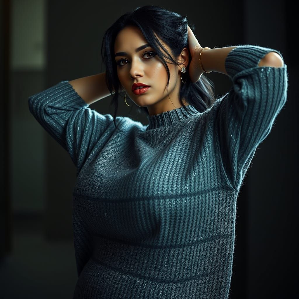 Hyperrealistic Portrait of Woman in Silver Knitwear