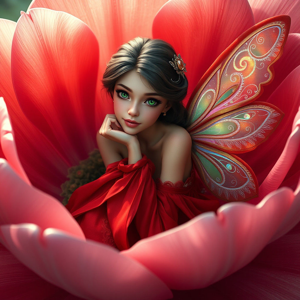 Brunette Fairy in Flower, Digital Matte Painting