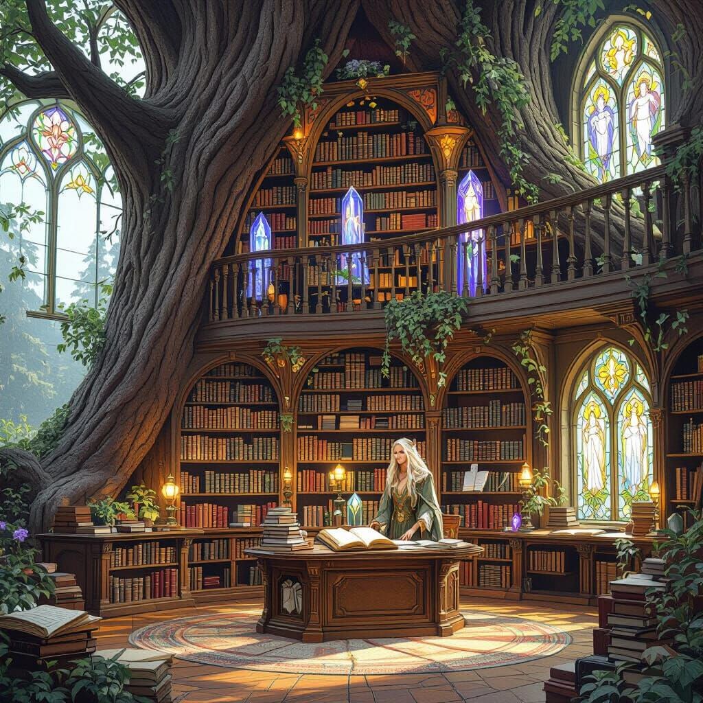 Elven Library in Giant Sequoia with Glowing Crystals