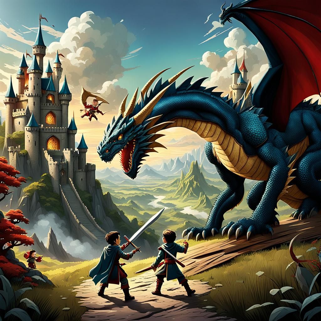 Brothers' Epic Battle Against Toy Dragon in Digital Art