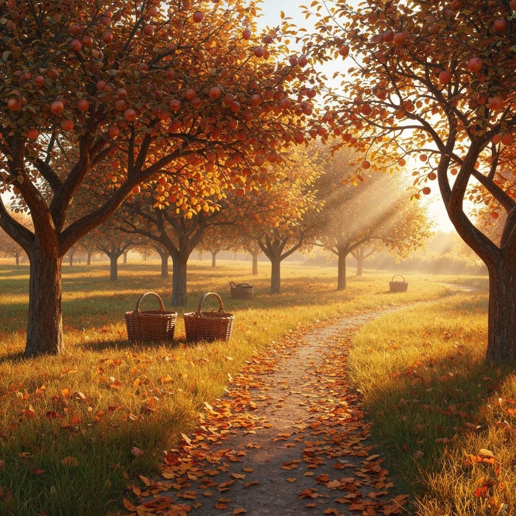 Autumn Orchard Path with Sunlight and Apples