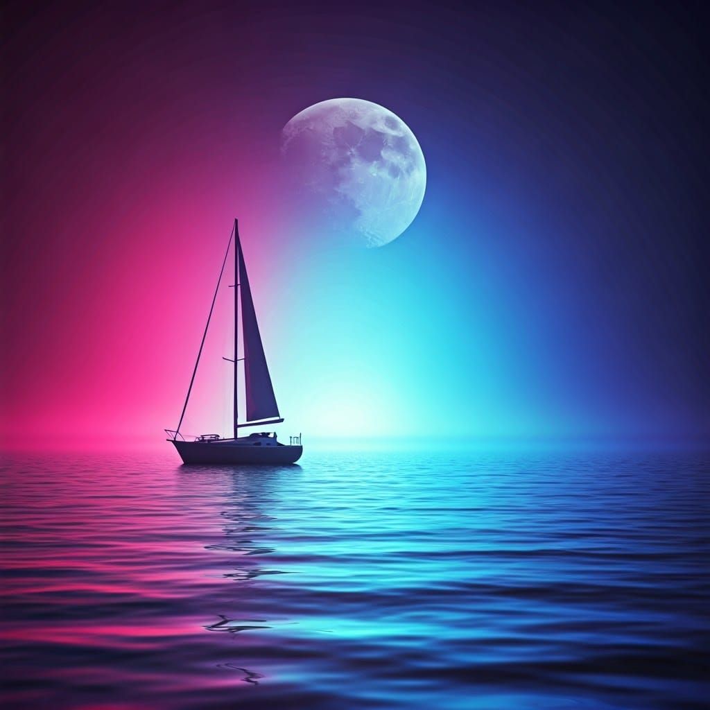 Synthwave Sailboat on Moonlit Ocean at Dusk