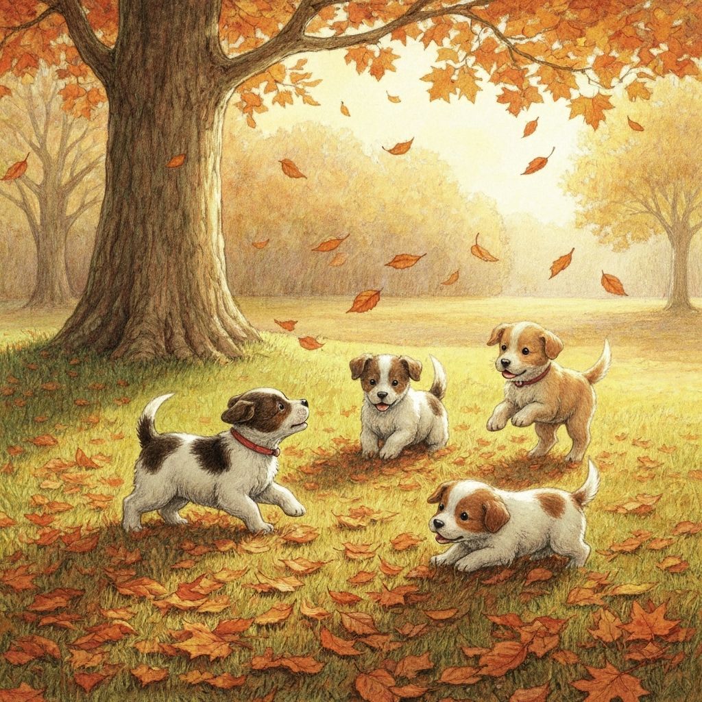 Charming Puppies Play in Autumn Leaves