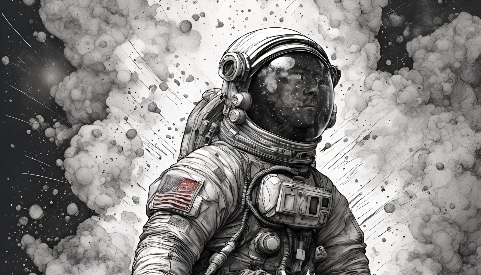 Astronaut in Lunar Dirt: Detailed Charcoal Illustration