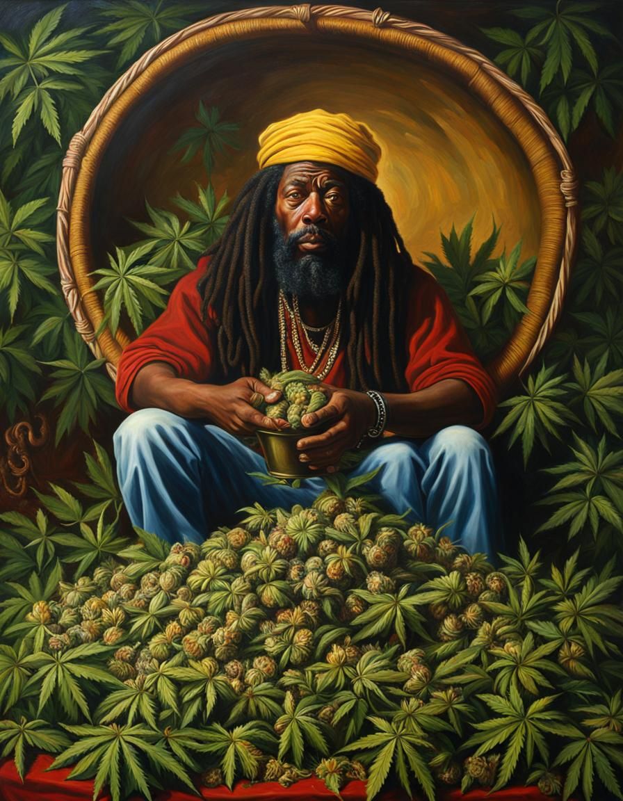 Rastafarian Feast: Marijuana Bucket, Hyperrealistic Oil Pain...