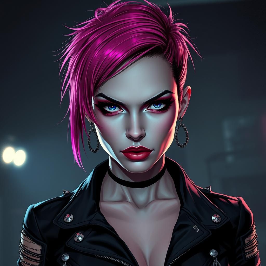 Punk Woman with Pink Hair in Comic Book Style