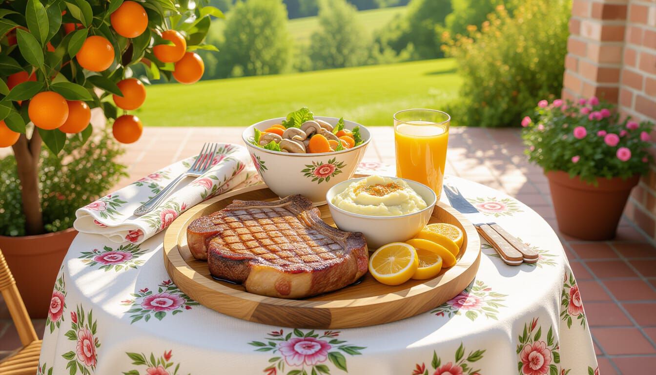 Charming T-Bone Steak Dinner on Victorian Table