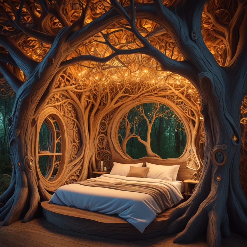 Bioluminescent Tree Room with Zentangle Patterns