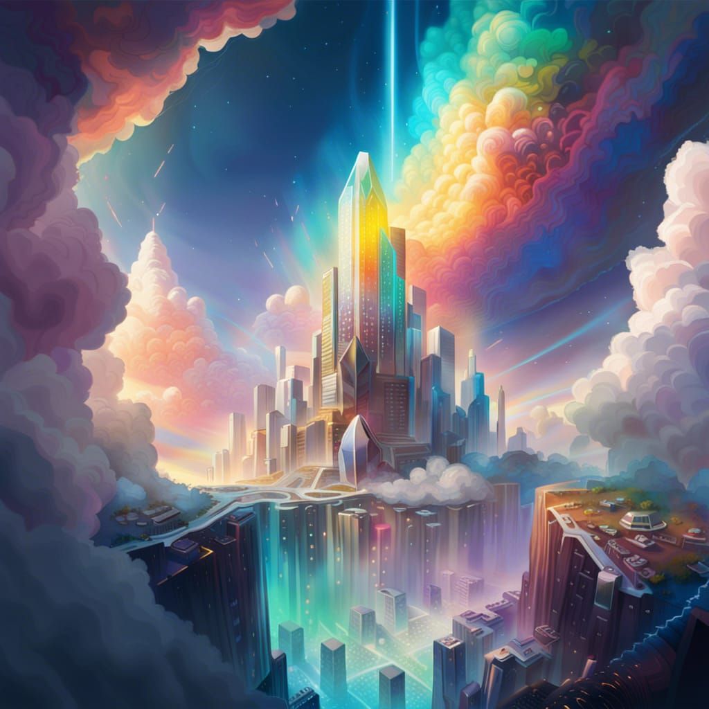 Futuristic Crystal City on Iridescent Clouds